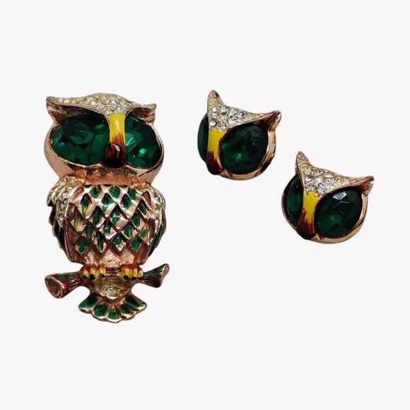 Vtg Coro Sterling Silver Green Owl Brooch/ Fur Clip & Screw Back Earrings Set - Picture 3 of 12